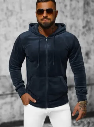 Bluza welurowa męska z kapturem granatowa JS/8B1168/25^Ozonee Fashion