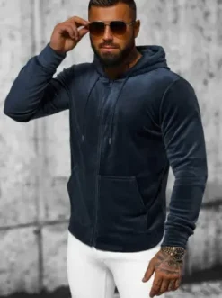 Bluza welurowa męska z kapturem granatowa JS/8B1168/25^Ozonee Fashion