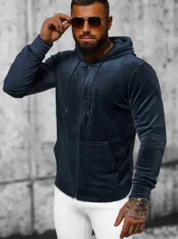 Bluza welurowa męska z kapturem granatowa JS/8B1168/25^Ozonee Fashion