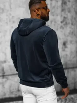 Bluza welurowa męska z kapturem granatowa JS/8B1168/25^Ozonee Fashion