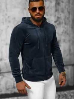 Bluza welurowa męska z kapturem granatowa JS/8B1168/25^Ozonee Fashion