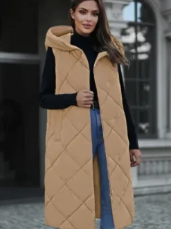 Kamizelka damska długa pikowana camelowa JS/5M3165/84Z^Ozonee Fashion