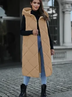 Kamizelka damska długa pikowana camelowa JS/5M3165/84Z^Ozonee Fashion