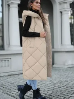 Kamizelka damska długa pikowana beżowa JS/5M3165/62Z^Ozonee Fashion