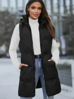 Kamizelka damska długa pikowana z kapturem czarna JS/M721/392Z^Ozonee Discount