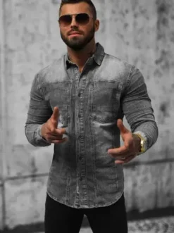 Koszula męska jeansowa szara NB/MC712G^Ozonee Fashion