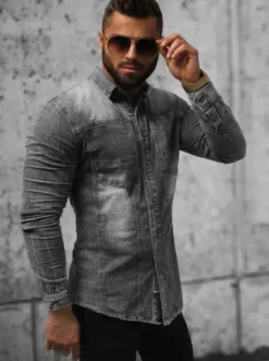 Koszula męska jeansowa szara NB/MC712G^Ozonee Fashion