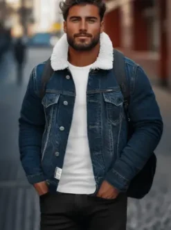 Kurtka męska jeansowa sherpa ciemno-niebieska NB/MJ516BSZ^Ozonee Clearance