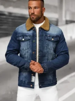Kurtka męska jeansowa sherpa ciemno-niebieska NB/MJ520BSZ^Ozonee Hot