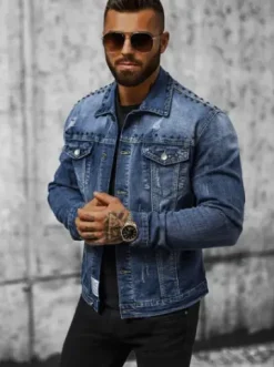 Kurtka męska jeansowa z nitami niebieska NB/MJ504BZ^Ozonee Sale