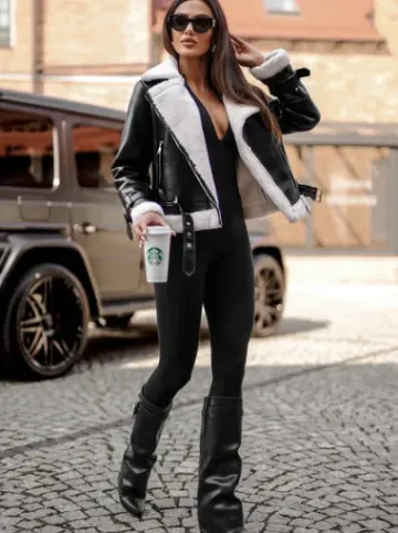 Kurtka ramoneska damska z kożuchem czarno-biała JS/11Z8177^Ozonee Fashion