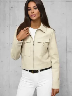 Kurtka skórzana damska beżowa O/G117Z^Ozonee Fashion