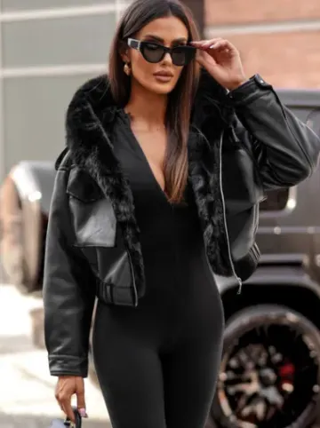 Kurtka skórzana damska z futerkiem czarna O/G125^Ozonee Fashion