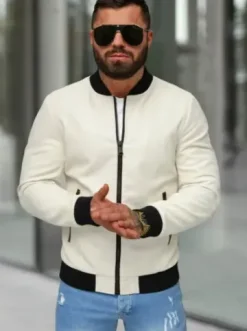Kurtka skórzana męska bomberka ecru JS/11Z8107^Ozonee Fashion