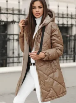 Kurtka zimowa damska długa camelowa JS/5M3189/84Z^Ozonee Fashion