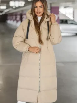Kurtka zimowa damska długa pikowana beżowa JS/5M3163/62Z^Ozonee Fashion