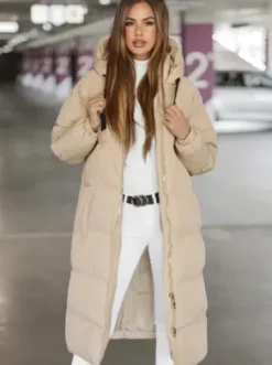 Kurtka zimowa damska długa pikowana beżowa JS/5M3163/62Z^Ozonee Fashion