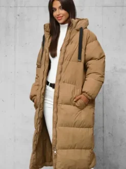 Kurtka zimowa damska długa pikowana camelowa JS/5M3163/84Z^Ozonee Sale