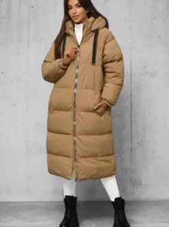 Kurtka zimowa damska długa pikowana camelowa JS/5M3163/84Z^Ozonee Sale