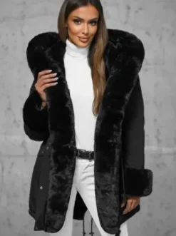 Kurtka zimowa damska długa z futerkiem czarna JS/11Z8085^Ozonee Fashion