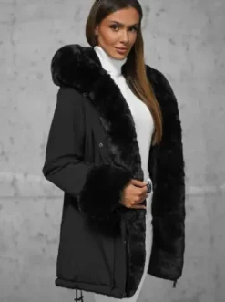 Kurtka zimowa damska długa z futerkiem czarna JS/11Z8085^Ozonee Fashion