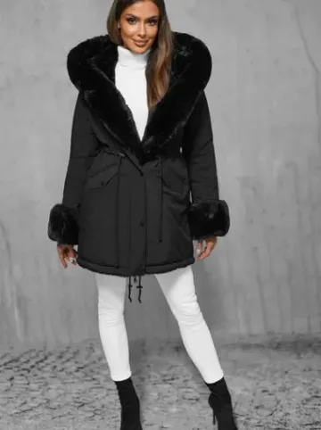 Kurtka zimowa damska długa z futerkiem czarna JS/11Z8085^Ozonee Fashion