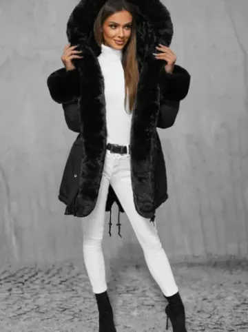 Kurtka zimowa damska długa z futerkiem czarna JS/11Z8085^Ozonee Fashion