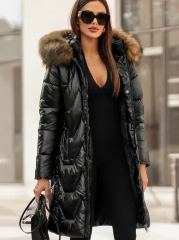 Kurtka zimowa damska długa z futerkiem czarna JS/16M9203/392B^Ozonee Fashion