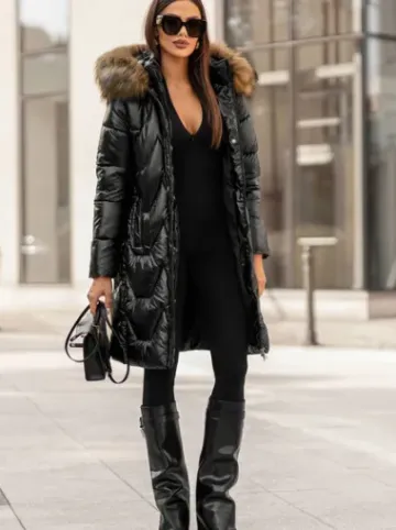 Kurtka zimowa damska długa z futerkiem czarna JS/16M9203/392B^Ozonee Fashion