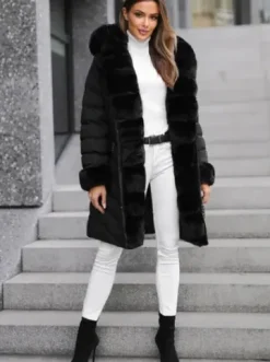 Kurtka zimowa damska długa z futerkiem czarna JS/5M3156/392^Ozonee Clearance