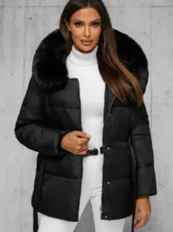 Kurtka zimowa damska z futerkiem czarna JS/16M9206/392Z^Ozonee Fashion
