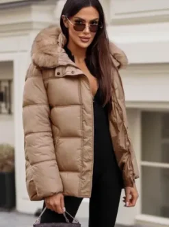Kurtka zimowa damska z futerkiem camelowa JS/5M3256/84^Ozonee Sale