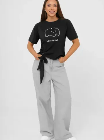 T-shirt damski z nadrukiem czarny JS/RJ77247^Ozonee New