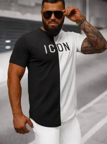 T-shirt męski czarno-biały O/7776T^Ozonee Clearance