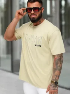 T-shirt męski loose fit beżowy O/QQ1185^Ozonee Online