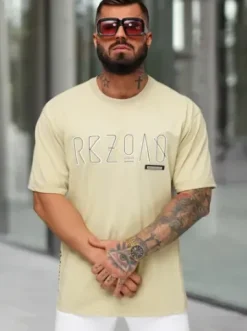 T-shirt męski loose fit beżowy O/QQ1185^Ozonee Online