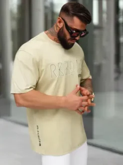 T-shirt męski loose fit beżowy O/QQ1185^Ozonee Online