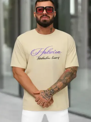 T-shirt męski loose fit beżowy O/YN2/632^Ozonee Hot
