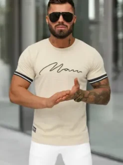 T-shirt męski slim fit beżowy O/QS11628^Ozonee Sale