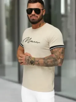 T-shirt męski slim fit beżowy O/QS11628^Ozonee Sale