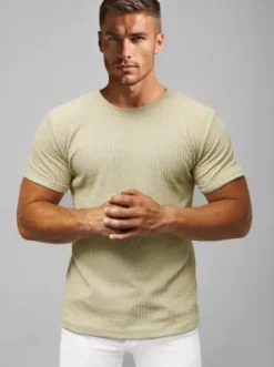 T-shirt męski slim fit beżowy O/7766TZ^Ozonee Discount