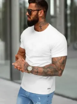 T-shirt męski slim fit biały O/QQ1390^Ozonee Hot